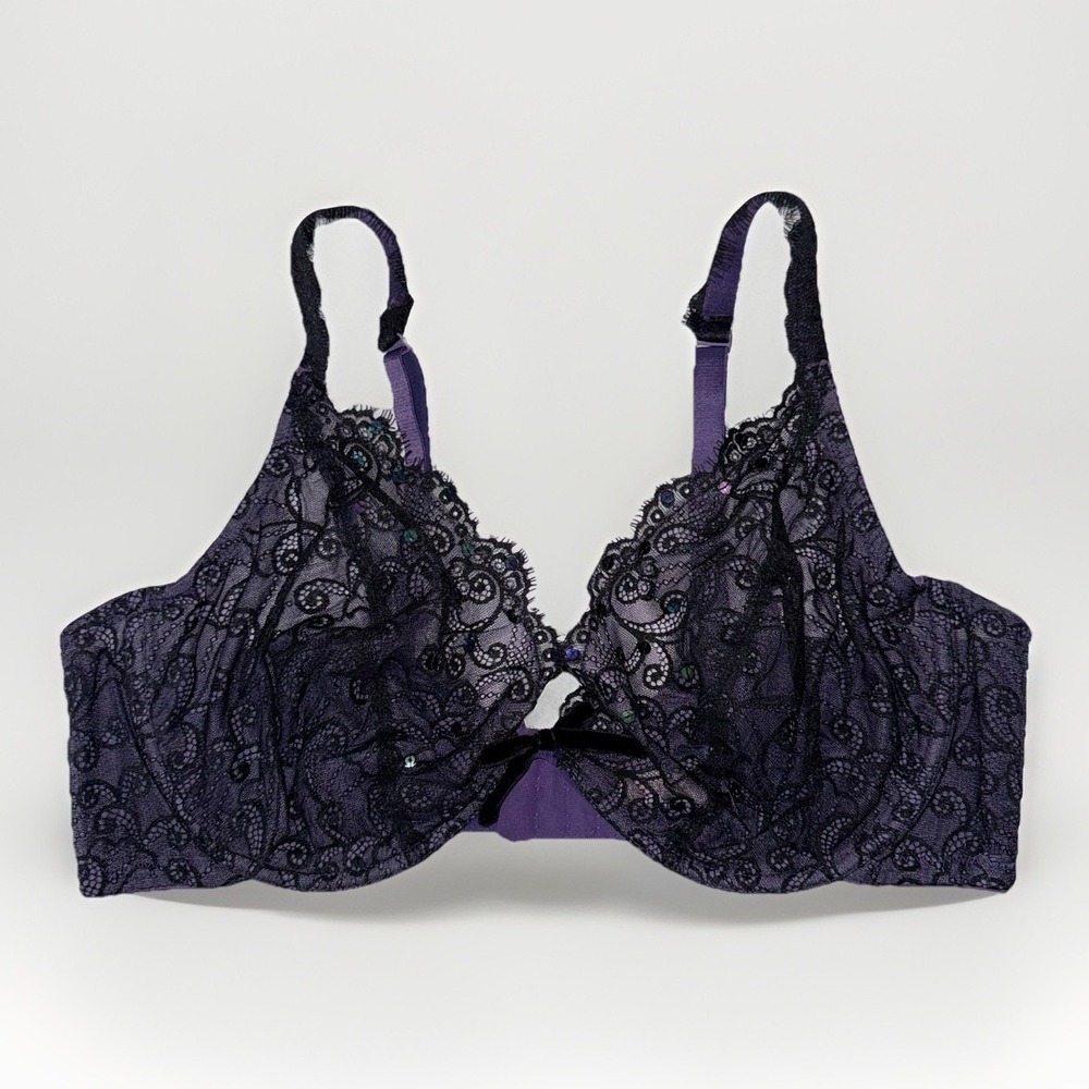 Cacique 44DD Purple Lace Sequin Underwire Bra Sheer Unlined Velvet Bow Mesh